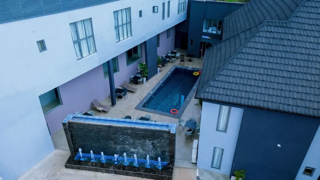 The courtyard pool and fountain wall seen from above