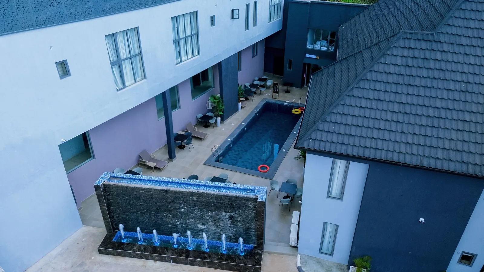 The courtyard pool and fountain wall seen from above