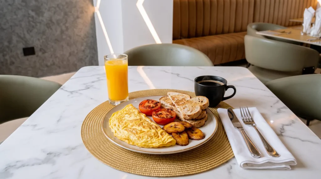 Plated breakfast of omelette, plantain, grilled tomato and toast with orange juice and coffee