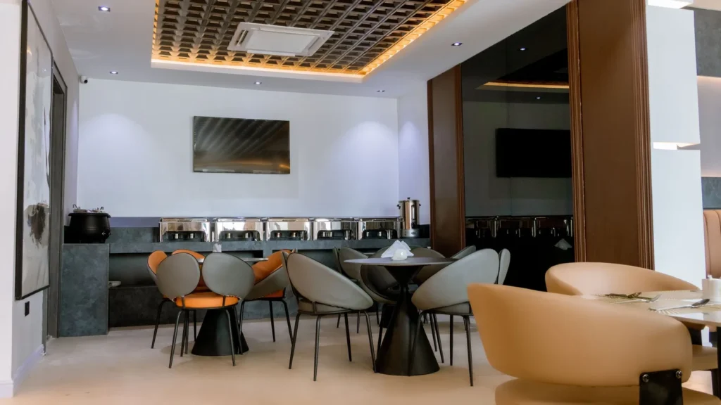 Breakfast buffet counter and dining tables